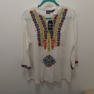 White & Blue Embroidered Floral Long-Sleeve Notch